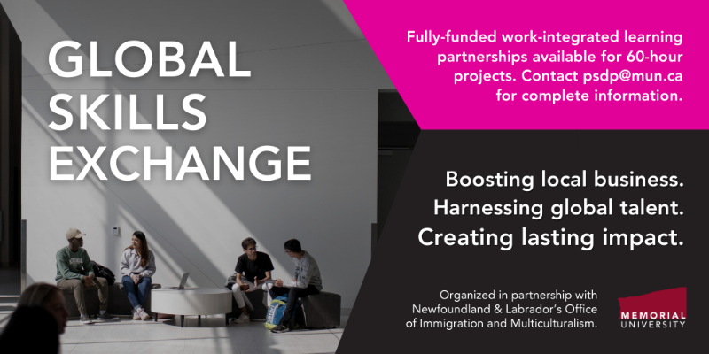 Global Skills Exchange banner advertising 60-hour paid placements with host employers. Tag: Boosting business, harnessing global talent, creating lasting impact.